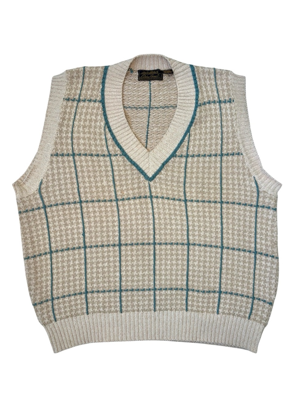 Vintage Eddie Bauer Cream & Teal Windowpane Knit Sweater Vest